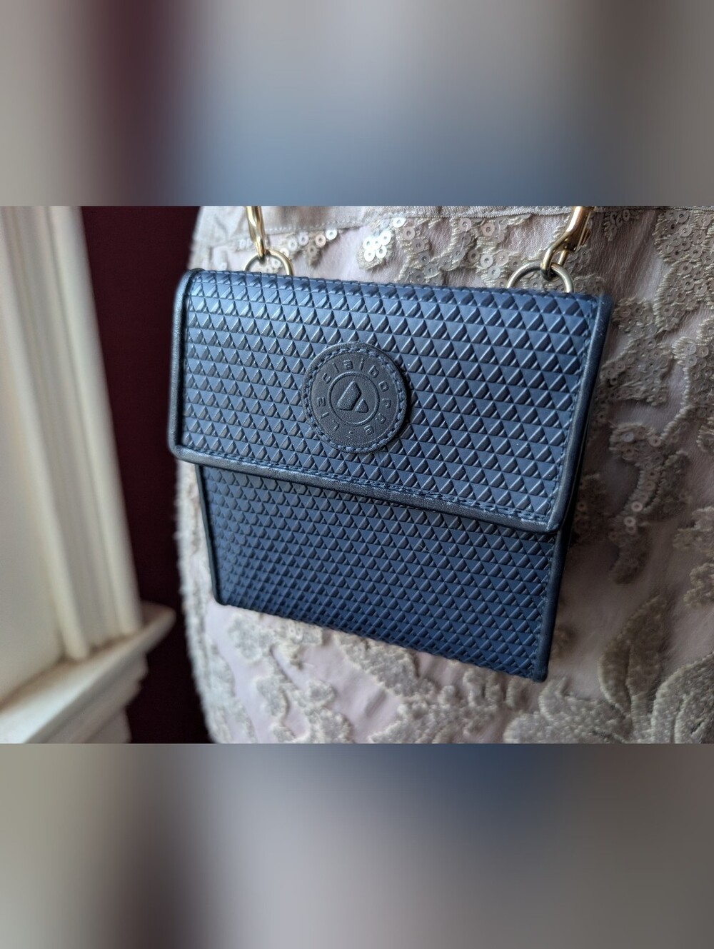 Vintage 80s Liz Claiborne Geometric Textured Dark Navy Crossbody Bag Minimalist